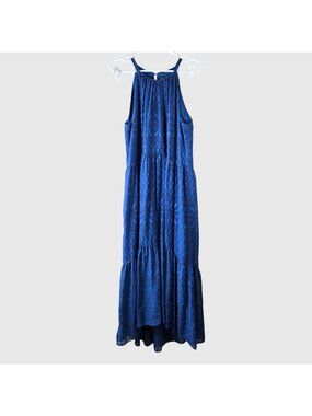 Tiered Sleeveless Maxi Tent Dress Royal Blue Embroidered Gemometric Print Flowy